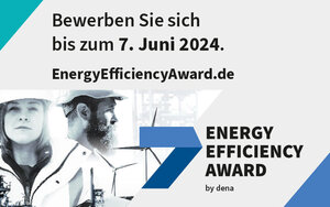 Zwei Energieeffizienz-Expertinnen und -Experten mit dem Text "Bewerben Sie sich bis zum 7. Juni 2024. EnergyEfficiencyAward.de"